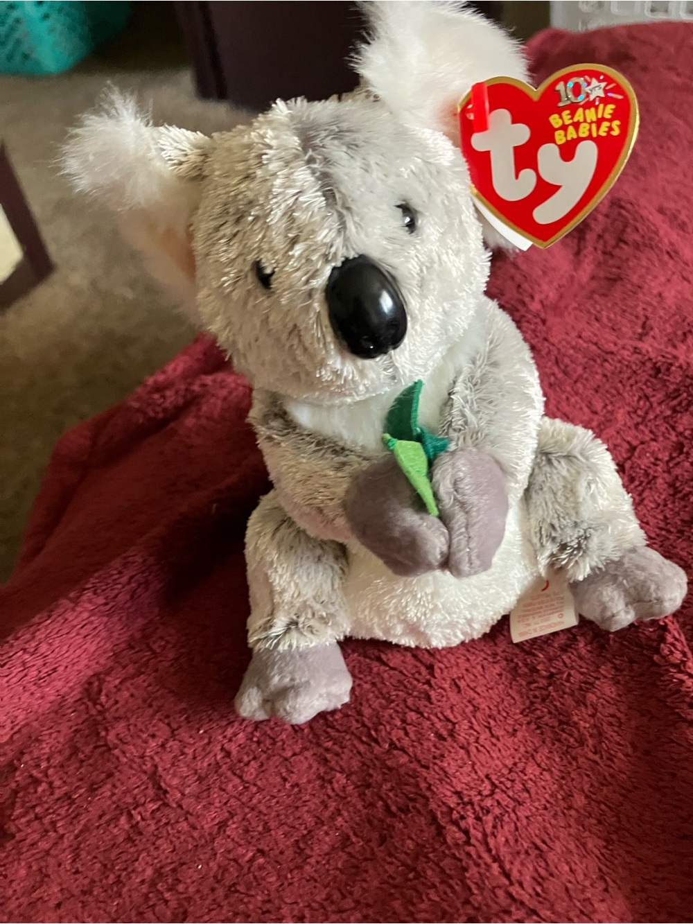 Ty Gray Koala Beanie Baby with Green Leaf